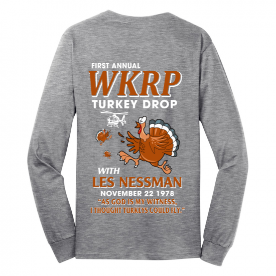 WKRP Turkey Drop with Les Nessman - Thanksgiving Day Long Sleeve Funny Long Sleeve T-shirt (USPF-133243612326-Back)