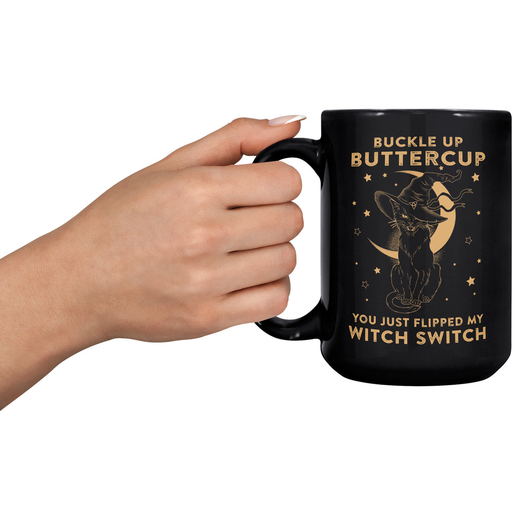 Halloween Cat Buckle Up Buttercup Witch Switch Scary Jack O Lantern 15oz Black Coffee Mugs (TL-133159783338)