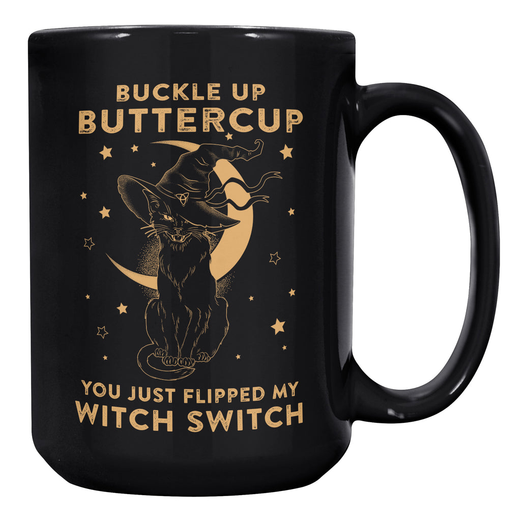 Halloween Cat Buckle Up Buttercup Witch Switch Scary Jack O Lantern 15oz Black Coffee Mugs (TL-133159783338)