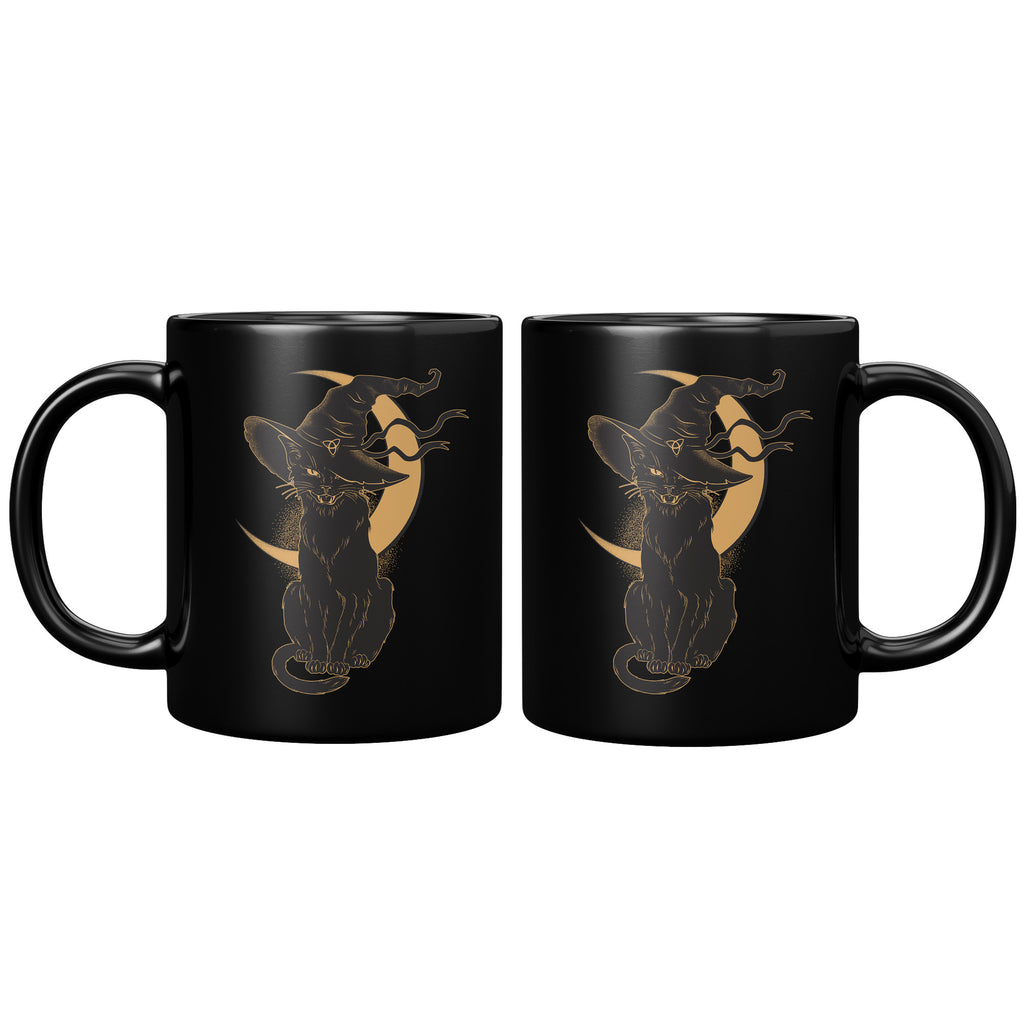Scary Halloween Vintage Tea Cups - Black Cat Hat & Moon Costume Witch 11oz Black Coffee Mug (TL-133516873871)