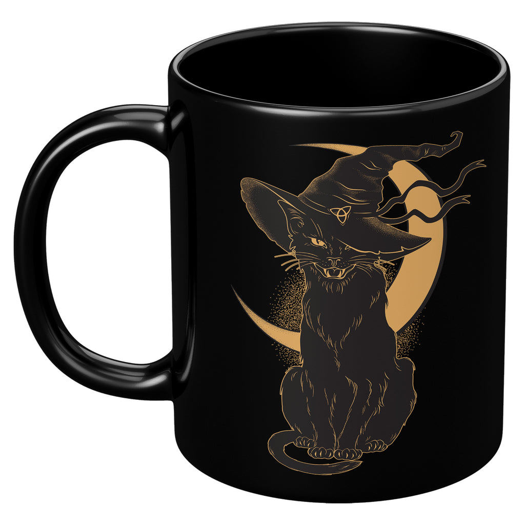 Scary Halloween Vintage Tea Cups - Black Cat Hat & Moon Costume Witch 11oz Black Coffee Mug (TL-133516873871)