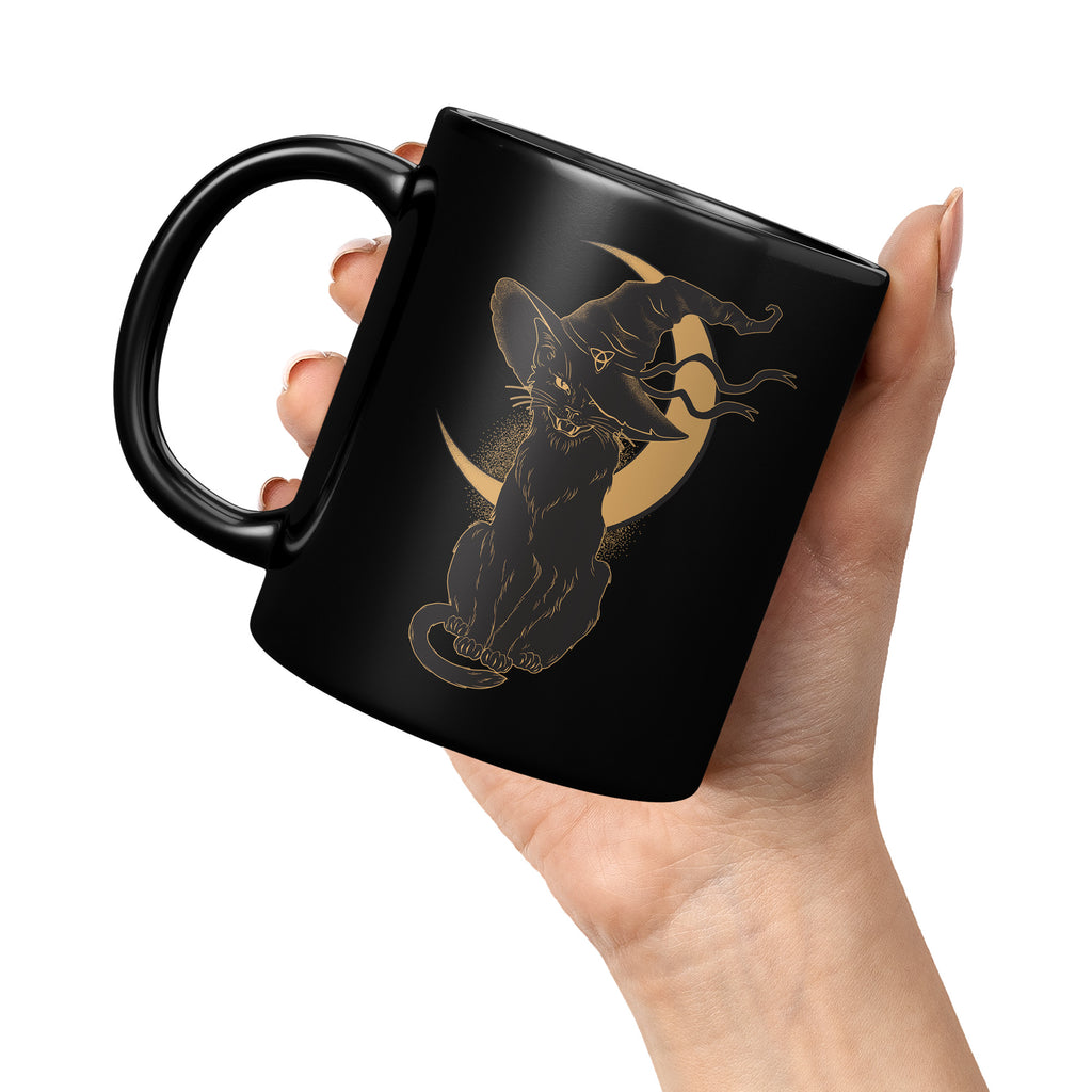 Scary Halloween Vintage Tea Cups - Black Cat Hat & Moon Costume Witch 11oz Black Coffee Mug (TL-133516873871)