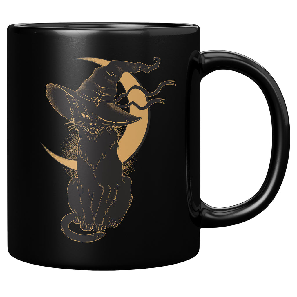 Scary Halloween Vintage Tea Cups - Black Cat Hat & Moon Costume Witch 11oz Black Coffee Mug (TL-133516873871)