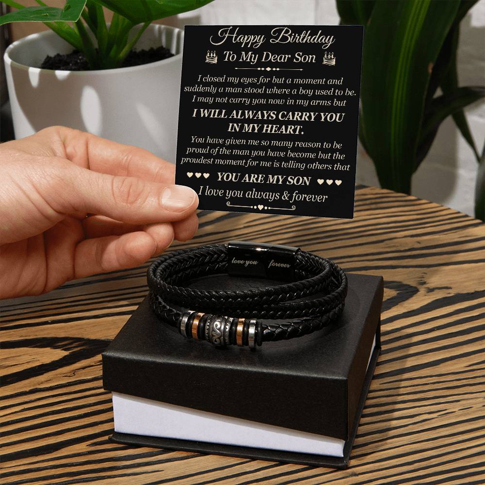 Happy Birthday To My Dear Son Gift from Dad Mom Father Mother Mum Love You Forever Bracelet for Birthday Graduation, Christmas or any Special Occasion