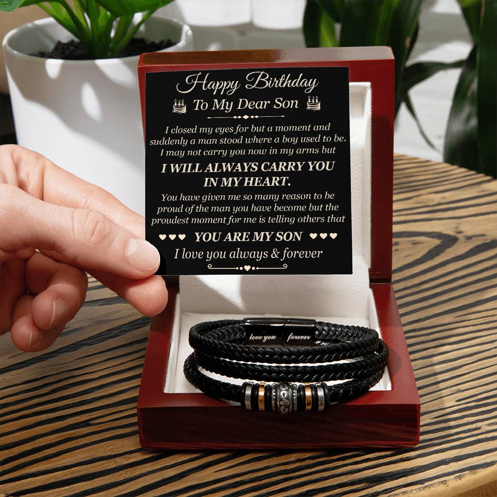 Happy Birthday To My Dear Son Gift from Dad Mom Father Mother Mum Love You Forever Bracelet for Birthday Graduation, Christmas or any Special Occasion
