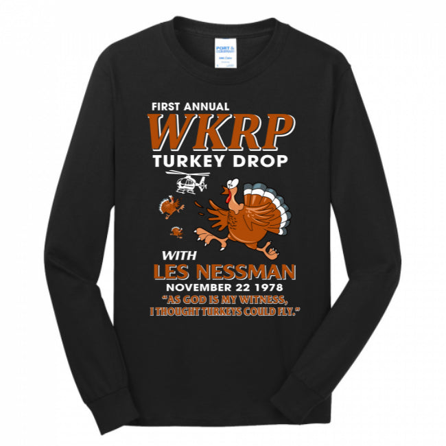WKRP Turkey Drop with Les Nessman - Thanksgiving Day Long Sleeve Funny T-shirt (USPF-133243612326)