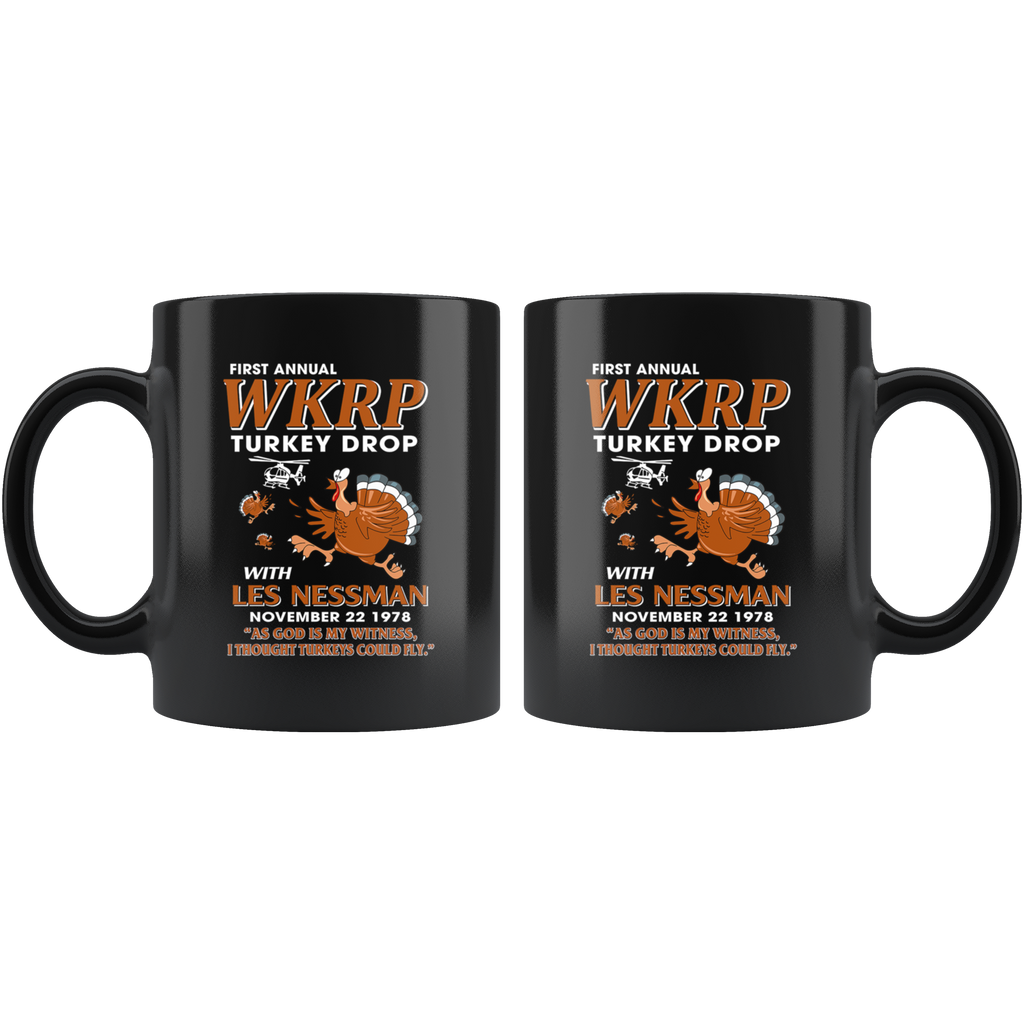 First Annual WKRP Turkey Drop Les Nessman Happy Thanksgiving Funny Black Coffee Mugs 11 oz Size