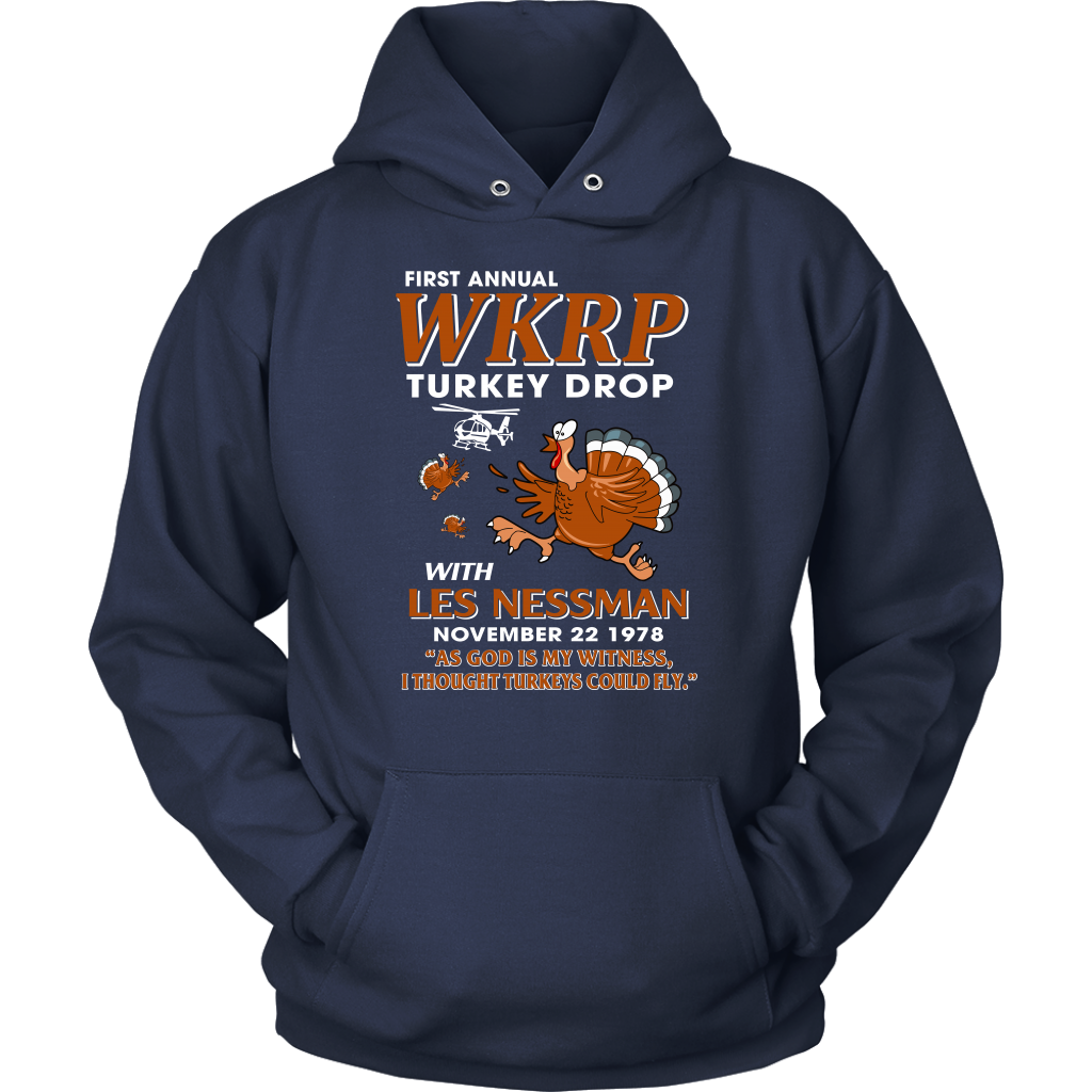 WKRP Turkey Drop with Les Nessman Hoodie Shirt - Thanksgiving Day Funny Gift