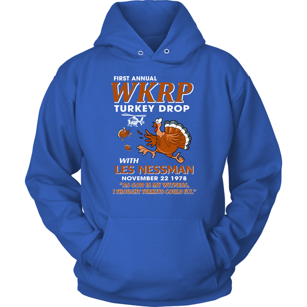 WKRP Turkey Drop with Les Nessman Hoodie Shirt - Thanksgiving Day Funny Gift