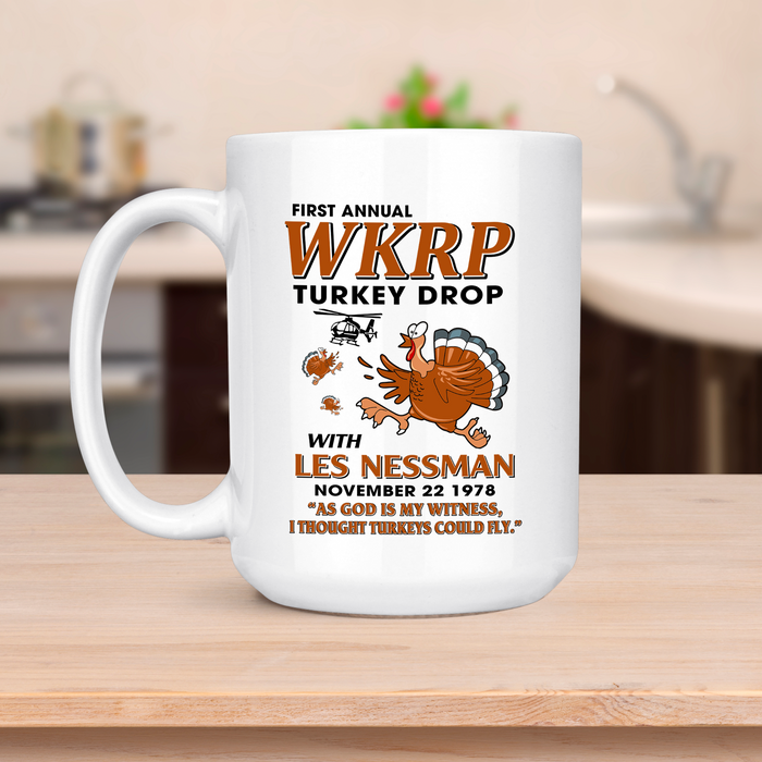 WKRP Turkey Drop with Les Nessman Funny Coffee Mug - Thanksgiving Day Gift Ideas