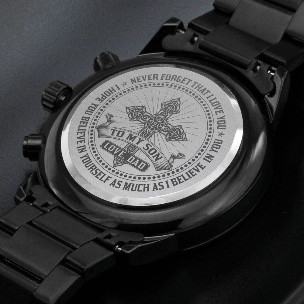 To My Son Sentimental Gift From Dad - Black Chronograph Watch for Your Children's Birthday, Special Occasion