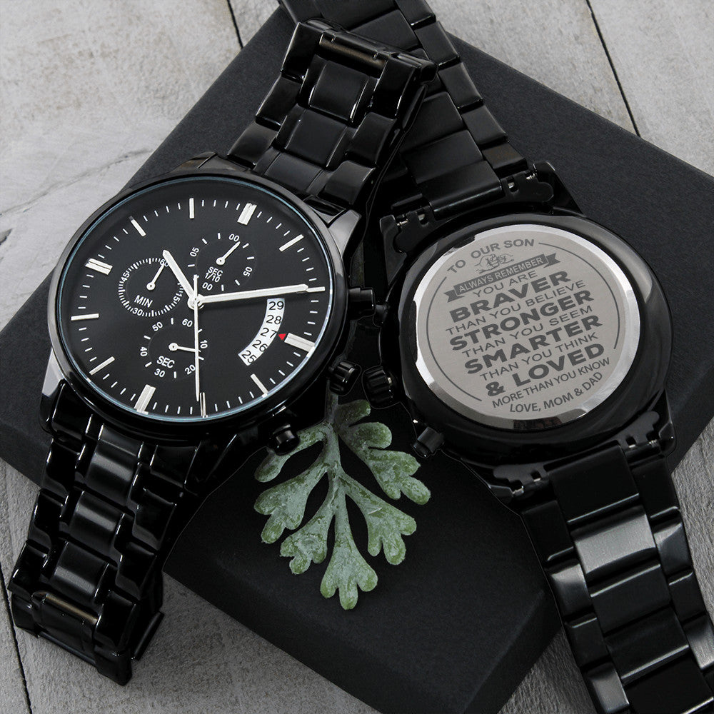 To Our Son Gift From Mom & Dad - Black Chronograph Wristwatch For Little Boy's Birthday, Wedding
