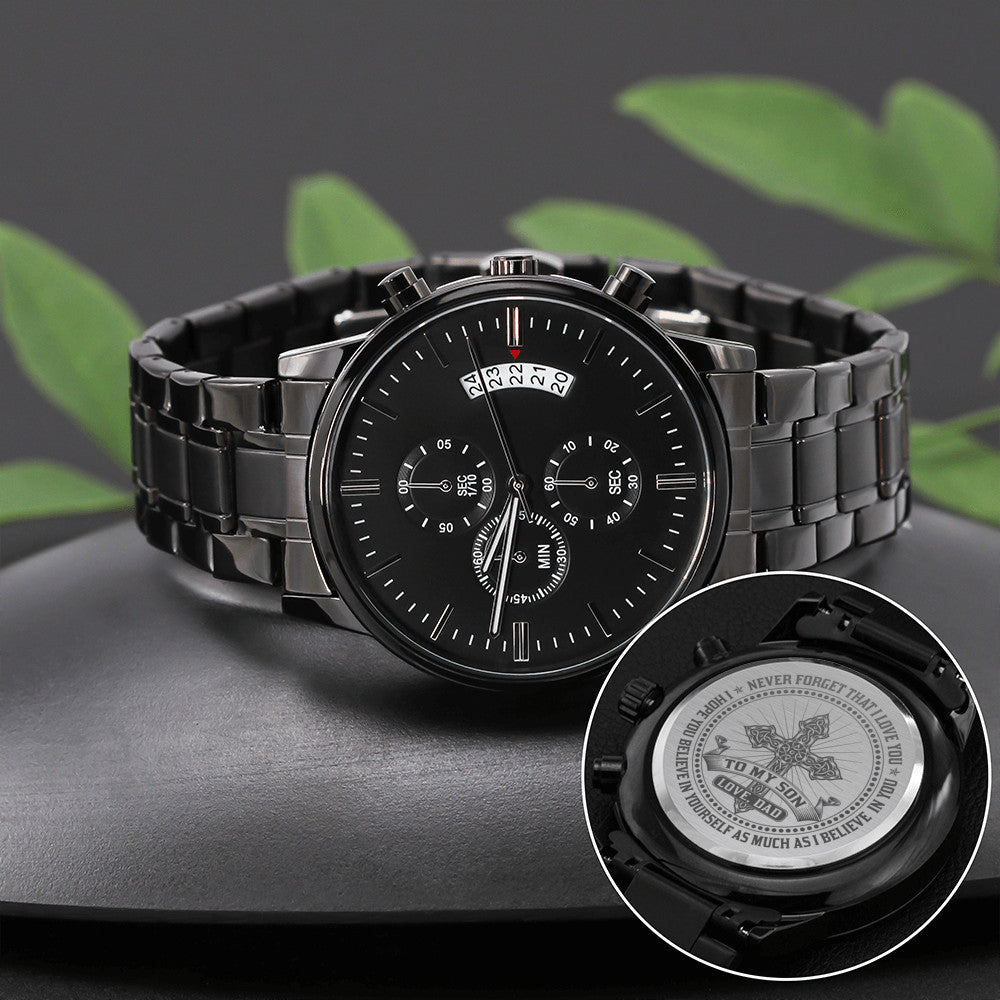 To My Son Sentimental Gift From Dad - Black Chronograph Watch for Your Children's Birthday, Special Occasion