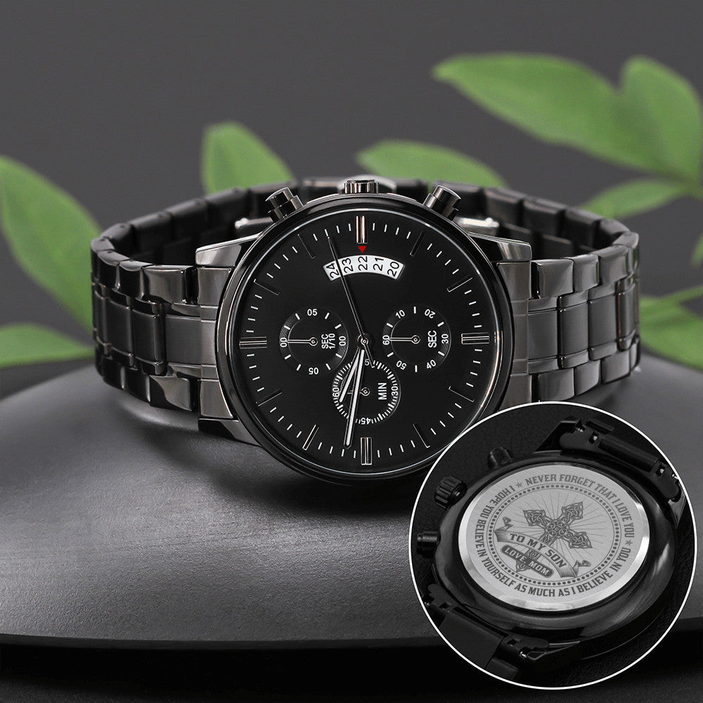 To My Son Sentimental Gift From Mom - Black Chronograph Watch for Your Children's Birthday, Special Occasion