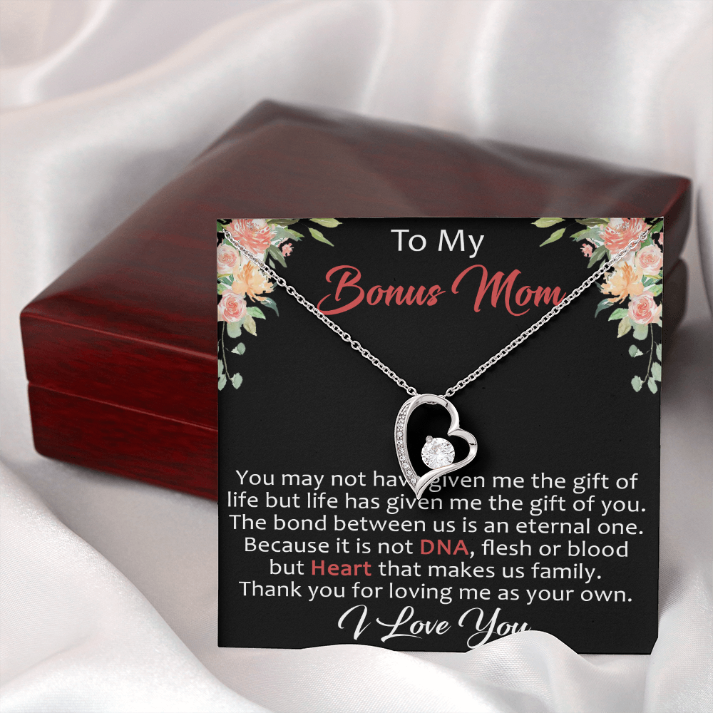 To My Bonus Mom Gift - Forever Love Heart Necklace with Inspirational Message Card for Upcoming Birthday, Mother's Day or Special Occasion.