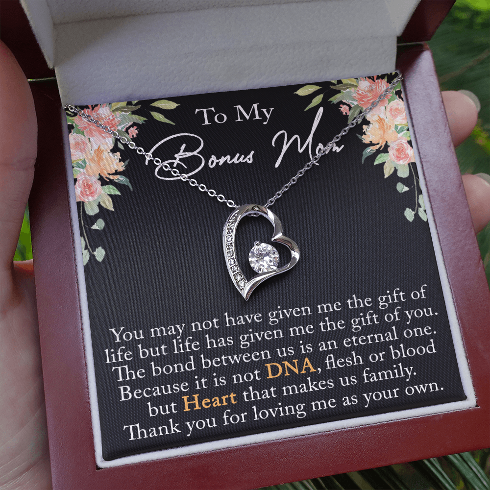 To My Bonus Mom Forever Love Heart Necklace From Step Daughter, Mother Day Gift