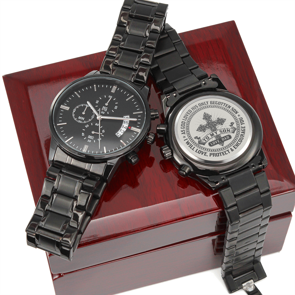 To My Son Love Gift From Dad - Black Chronograph Watch for Birthday Back to School or Special Occasion