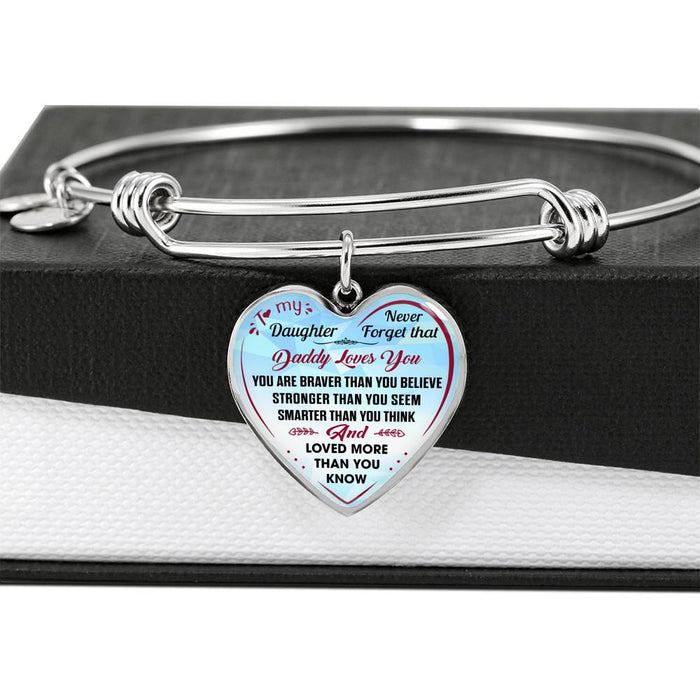 Daddy Daughter Gift - Unique Luxury Inspirational Heart Pendant Bangle for Birthday Wedding Xmas Thanksgivings or Special Occasion.