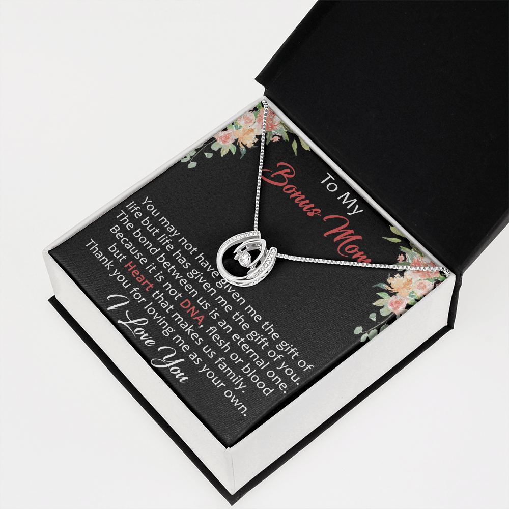 To My Bonus Mom Gift - Lucky in Love Necklace with Inspirational Message Card for Upcoming Birthday, Mother's Day or Special Occasion.