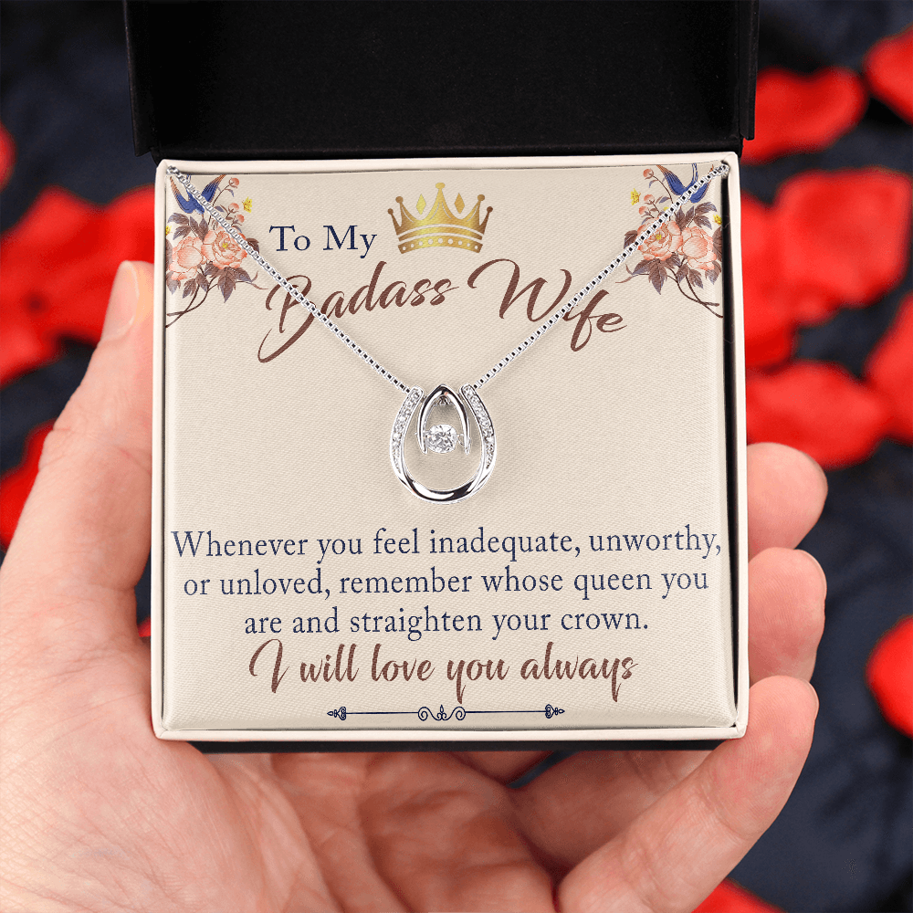 To My Badass Wife Birthday Gift - Lucky In Love Beauty Necklace for Valentine, Wedding Anniversary or Special Occasion