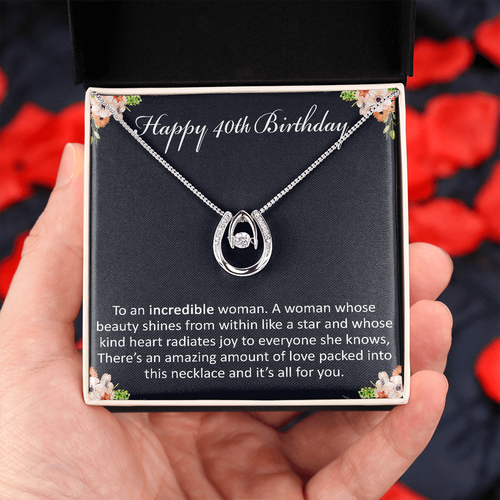 Happy 40th Birthday Jewelry Gift for Woman Turning 40 - Lucky in Love Necklace with Meaningful Message Card