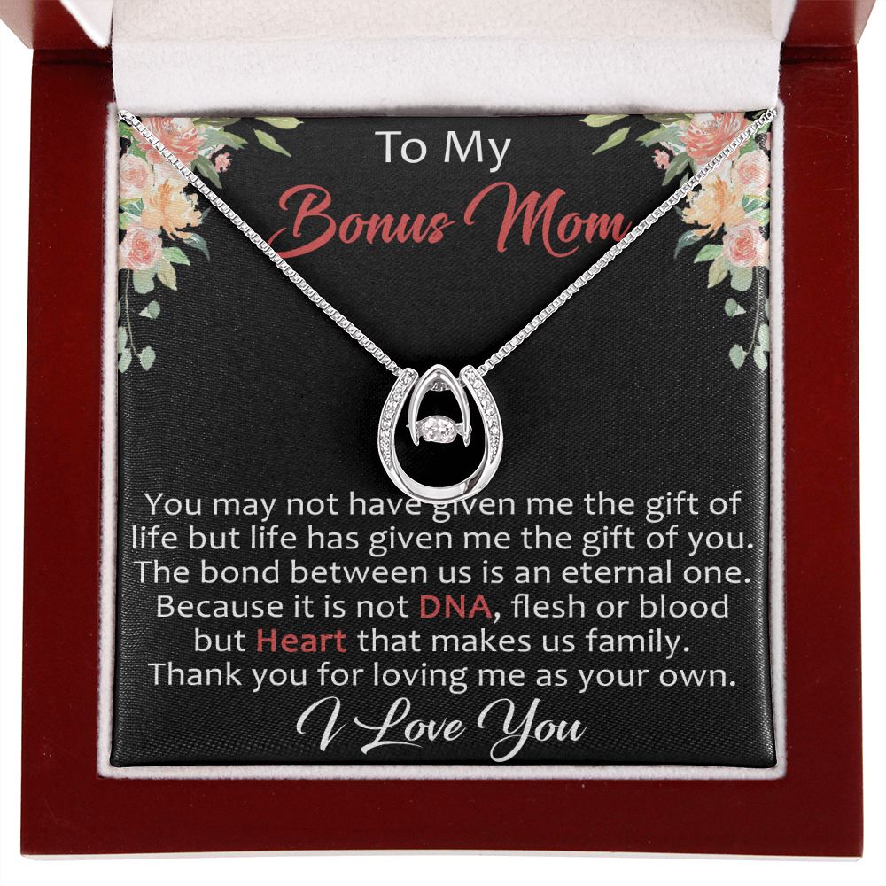 To My Bonus Mom Gift - Lucky in Love Necklace with Inspirational Message Card for Upcoming Birthday, Mother's Day or Special Occasion.