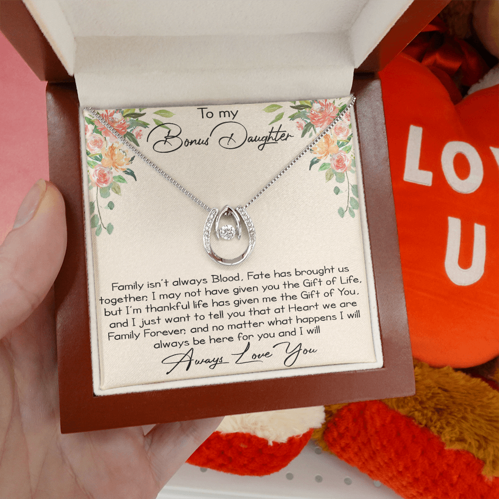 To My Bonus Daughter Gift - Beautiful Lucky in Love Necklace with Inspirational Message Card for Anniversary Occasion