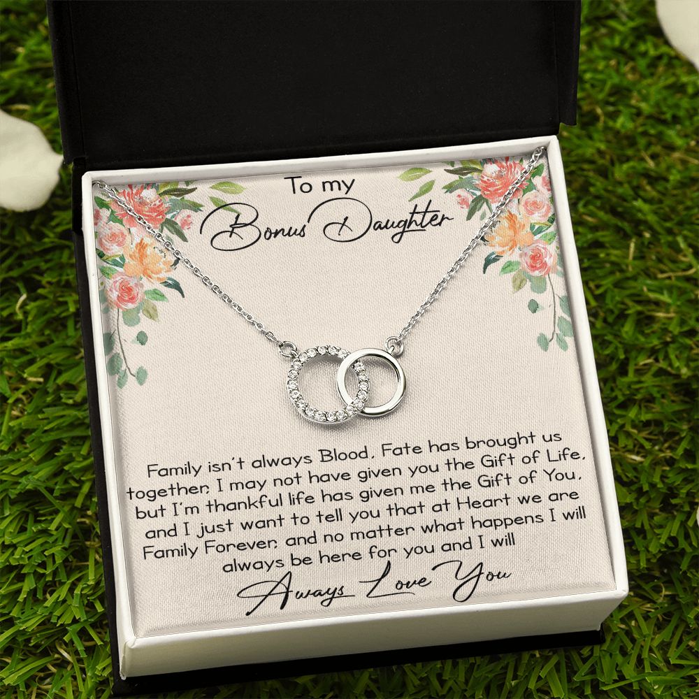 Great Gift for Bonus Daughter from Bonus Mom Dad - Perfect Pair Necklace Chain for Birthday Christmas Wedding Anniversary or Special Occasion