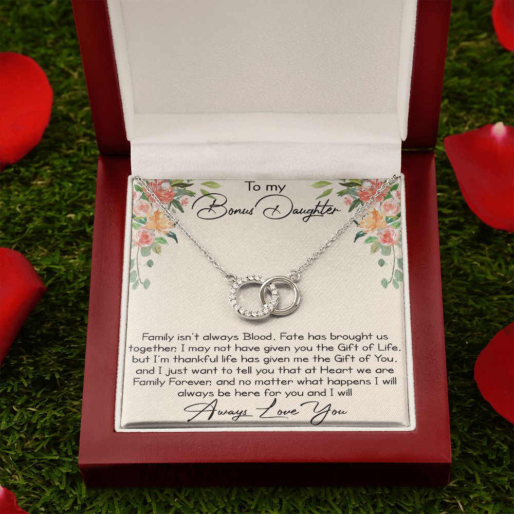Great Gift for Bonus Daughter from Bonus Mom Dad - Perfect Pair Necklace Chain for Birthday Christmas Wedding Anniversary or Special Occasion