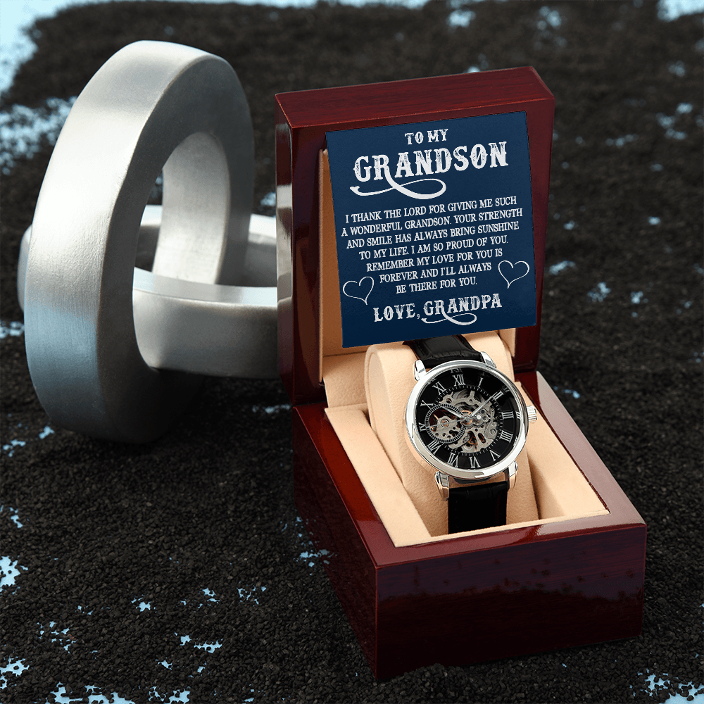To My Grandson Gift from Grandpa - Luxury Men's Openwork Watch for Birthday, Christmas, Back to School or any Special Occasion.