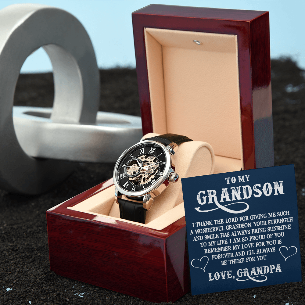To My Grandson Gift from Grandpa - Luxury Men's Openwork Watch for Birthday, Christmas, Back to School or any Special Occasion.