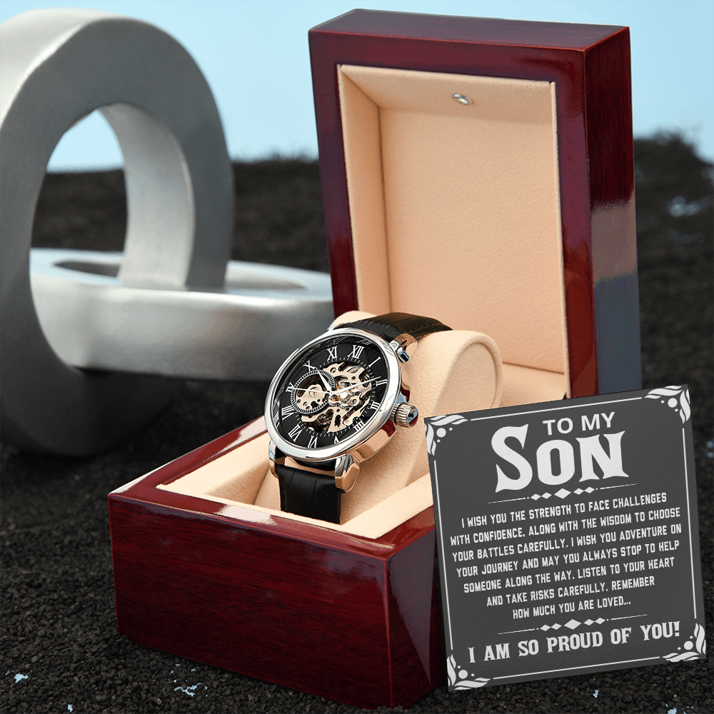 To My Son Gift - Luxury Men's Openwork Watch for Birthday, Christmas, Back to School or any Special Occasion.