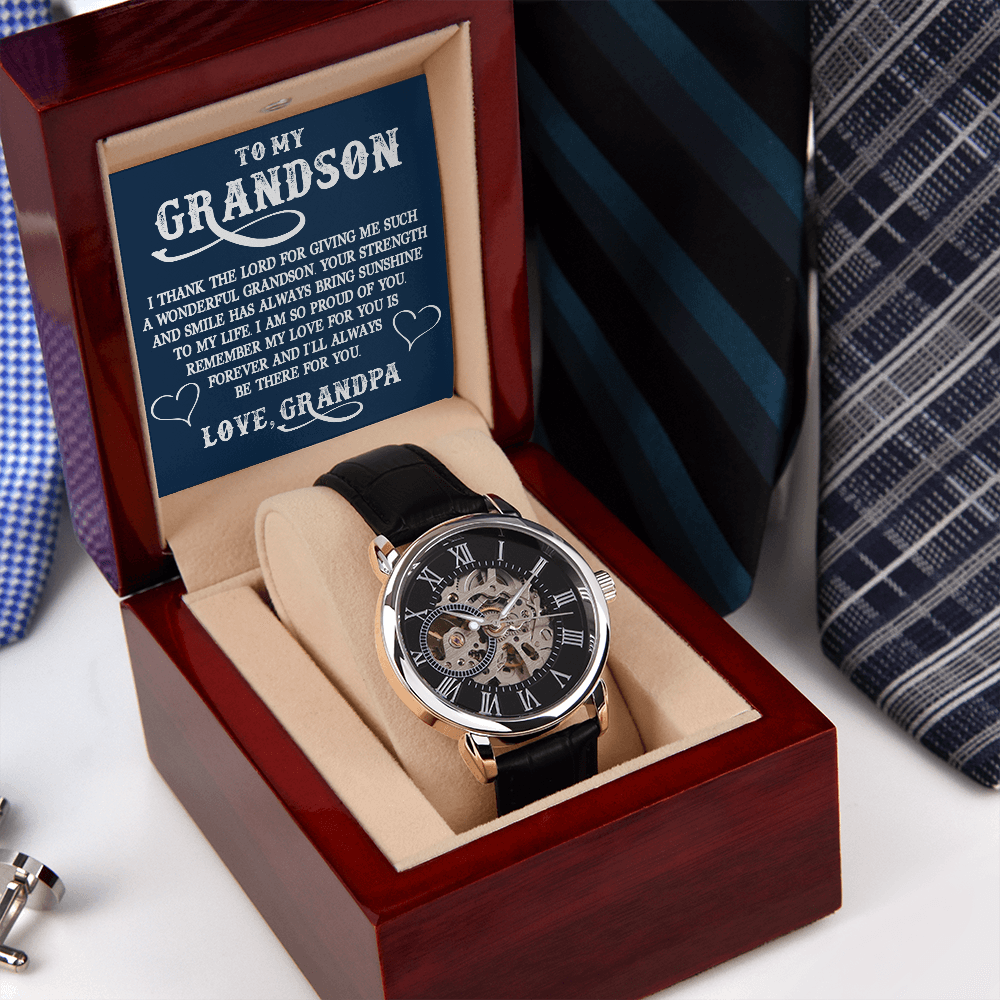 To My Grandson Gift from Grandpa - Luxury Men's Openwork Watch for Birthday, Christmas, Back to School or any Special Occasion.