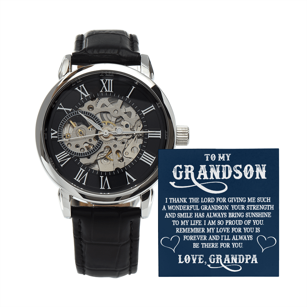To My Grandson Gift from Grandpa - Luxury Men's Openwork Watch for Birthday, Christmas, Back to School or any Special Occasion.