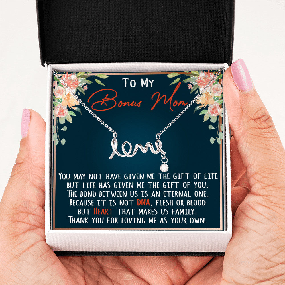 To My Bonus Mom Scripted Love Necklace Gift From Step Daughter, Mother Day Necklace Gift