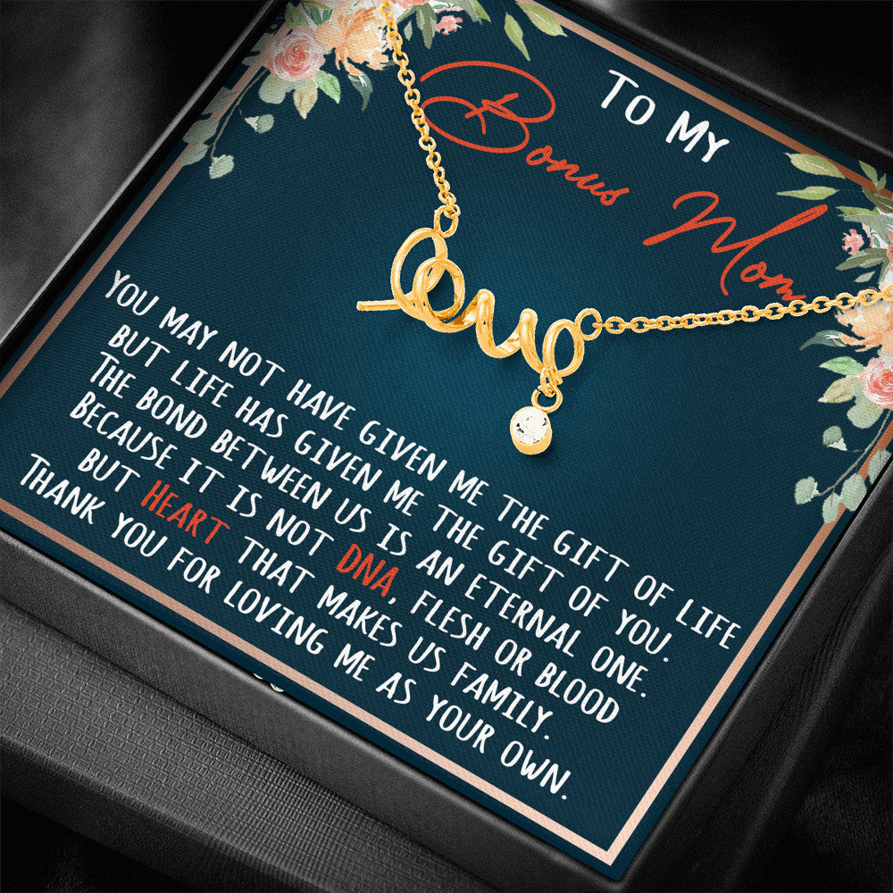 To My Bonus Mom Scripted Love Necklace Gift From Step Daughter, Mother Day Necklace Gift