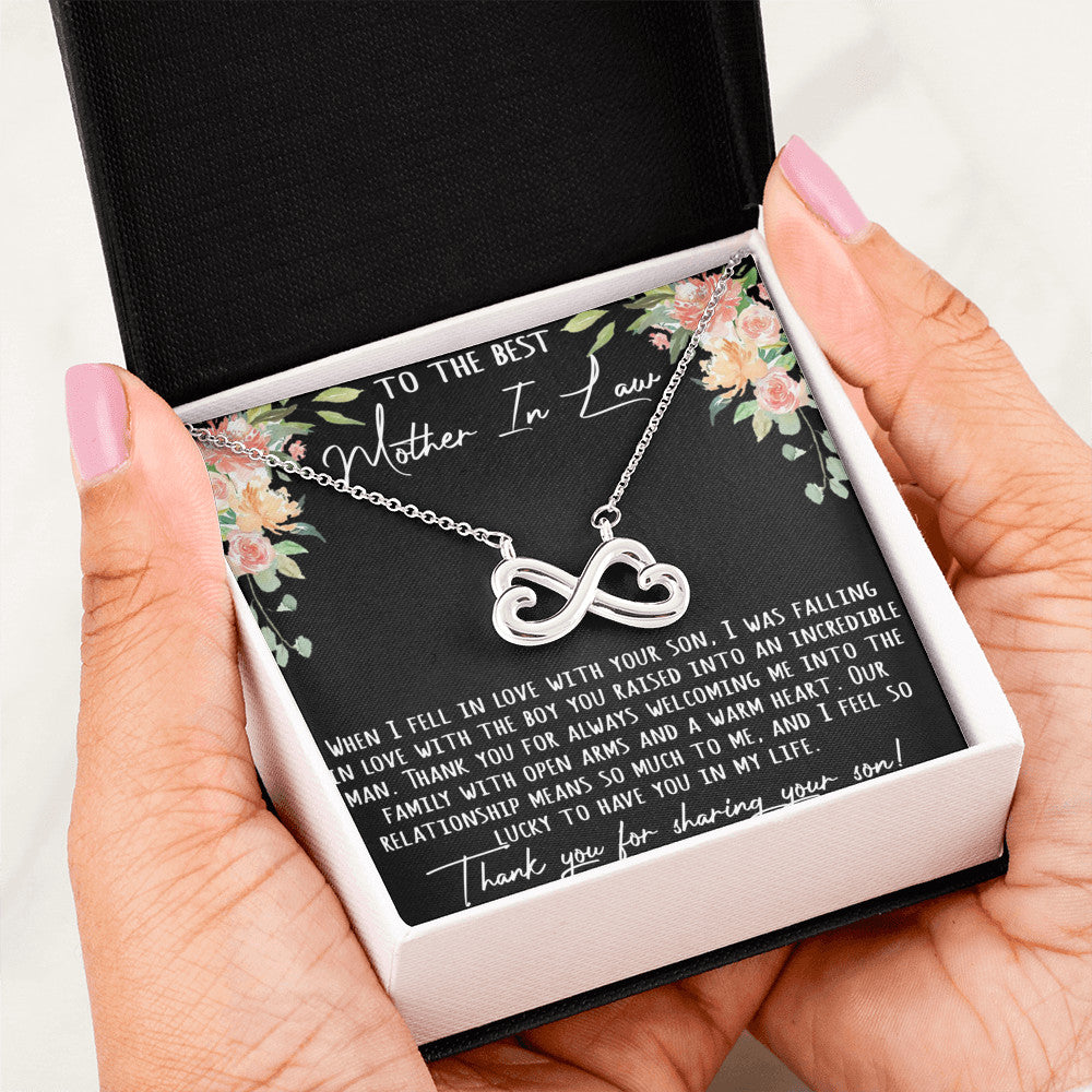 To The Best Mother-In-Law Gift - Infinity Luxury Heart Necklace with Inspirational Message Card.