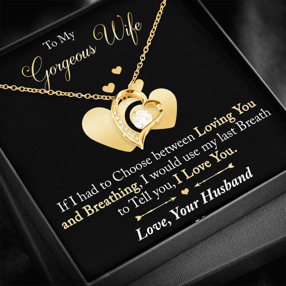 To My Gorgeous Wife Gift - Forever Love Heart Necklace Chain with Message Card, Sentimental Mother's Day Gift, Wife Birthday Surprise Present