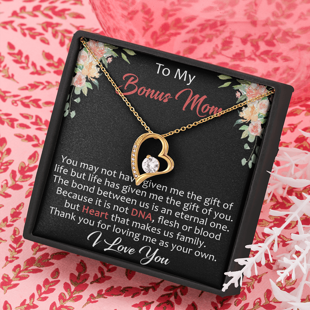To My Bonus Mom Gift - Forever Love Heart Necklace with Inspirational Message Card for Upcoming Birthday, Mother's Day or Special Occasion.
