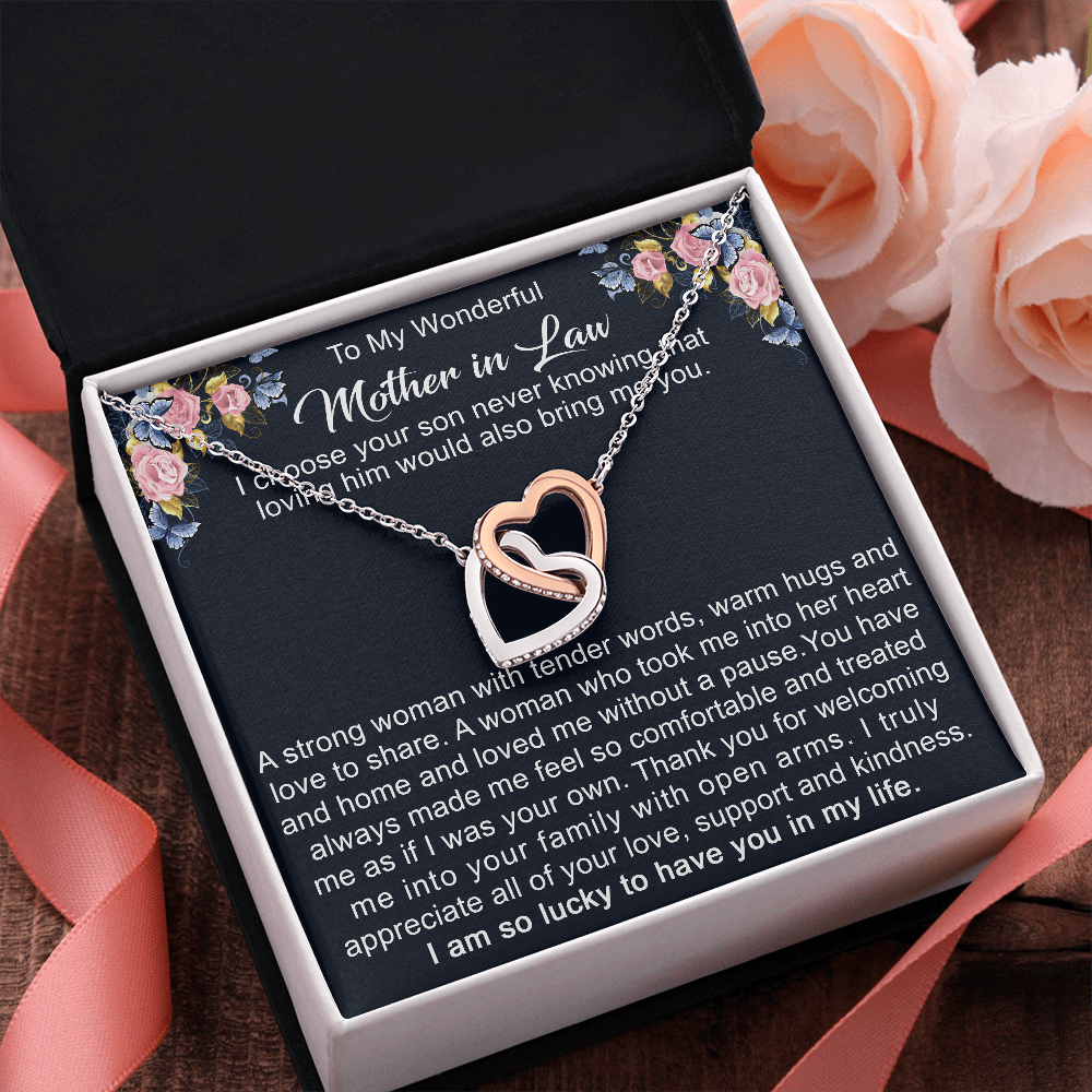 To My Mother in Law Interlock Double Heart Necklace from Daughter - Gift to Mother-in-Law for Christmas Birthday Mother's Day, Message Card to Mom-in-Law