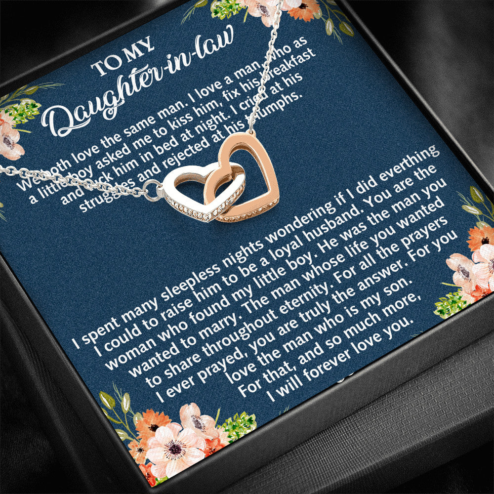Daughter-in-law Necklace Gift - We Both Love The Same Man Interlocking Heart Necklace For Birthday Wedding or Special Occasion.