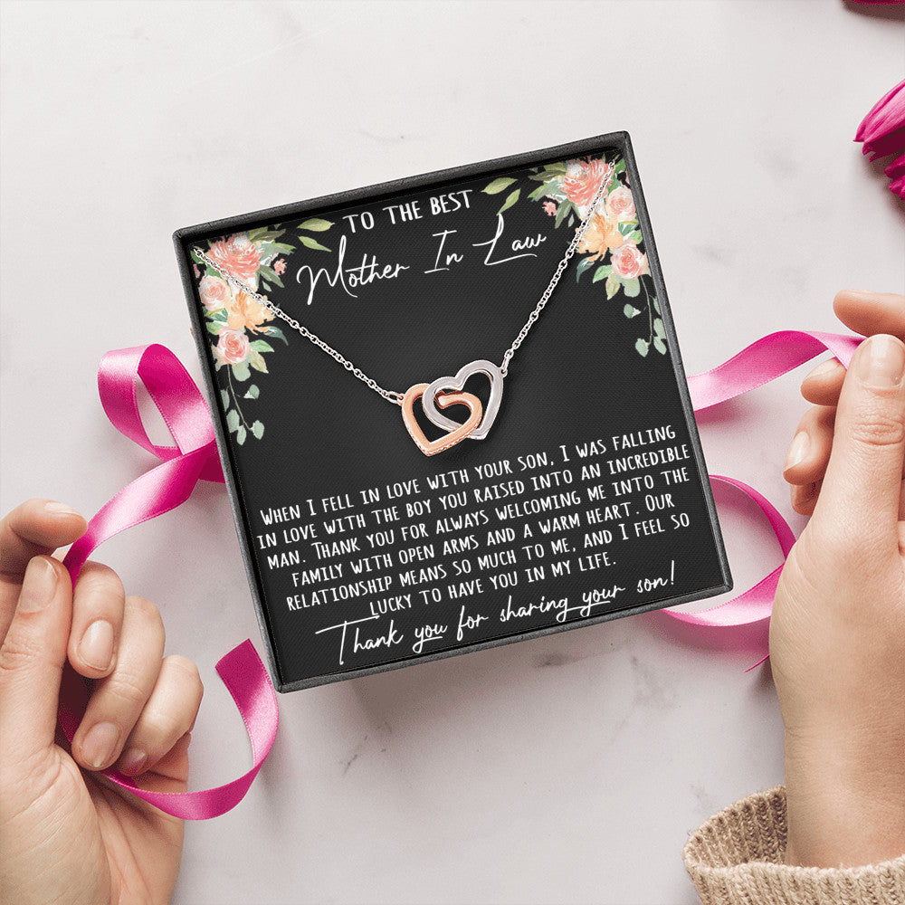 To The Best Mother-In-Law Gift - Interlock Heart Joined Luxury Necklace with Inspirational Message Card.