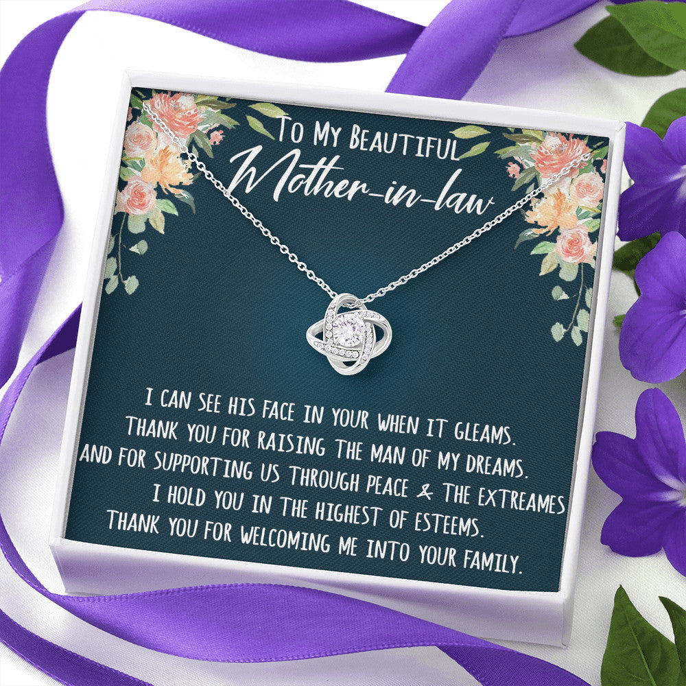 To My Beautiful Mother In Law Gift Ideas - Love Knot Necklace with Inspirational Message Card For Birthday or Special Occasion