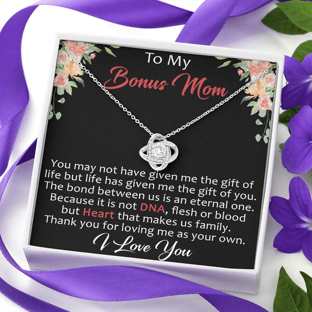 To My Bonus Mom Gift - Love Knot Beauty Necklace with Inspirational Message Card for Upcoming Birthday, Mother's Day or Special Occasion.