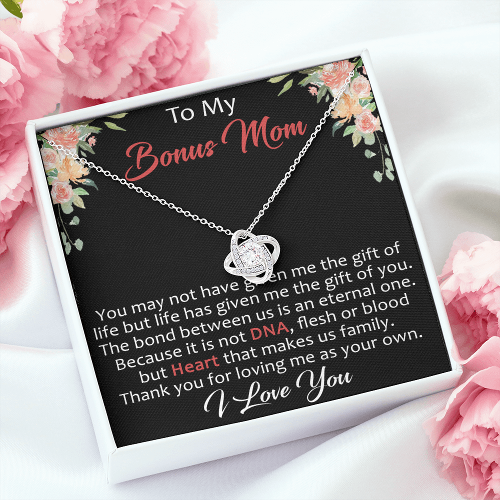 To My Bonus Mom Gift - Love Knot Beauty Necklace with Inspirational Message Card for Upcoming Birthday, Mother's Day or Special Occasion.