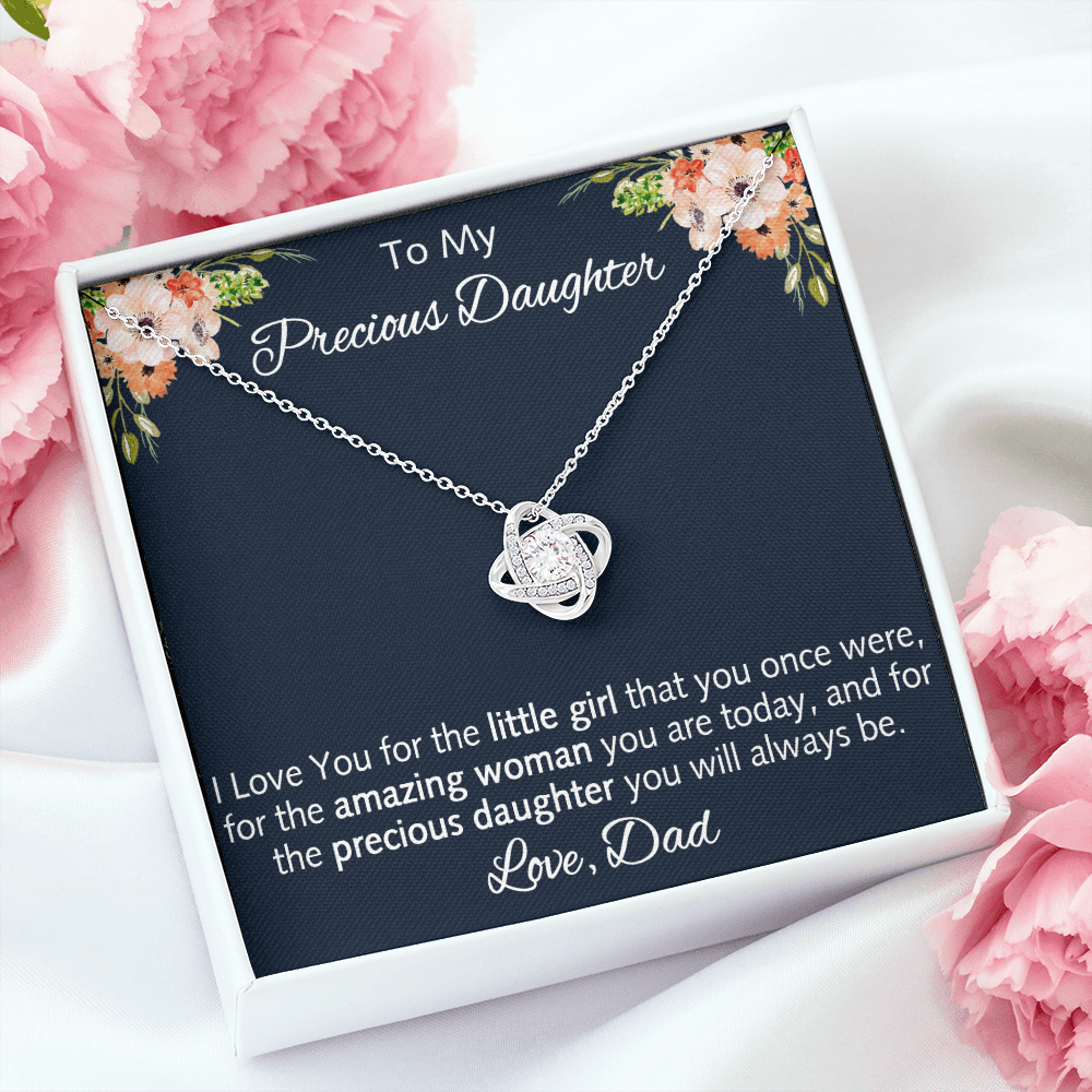 To My Precious Daugher  Gift - Love Knot Necklace with Inspirational Message Card for Upcoming Birthday, Back to School or any Special Occasion.
