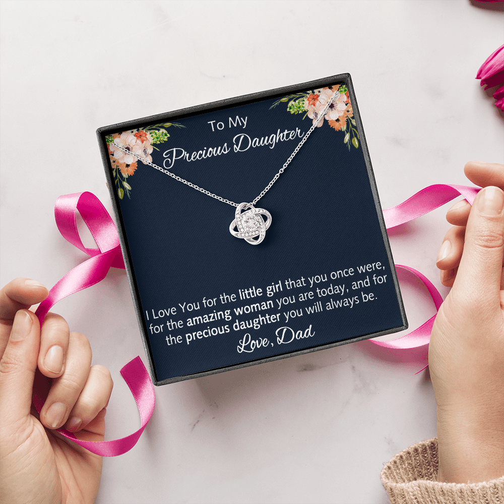 To My Precious Daugher  Gift - Love Knot Necklace with Inspirational Message Card for Upcoming Birthday, Back to School or any Special Occasion.