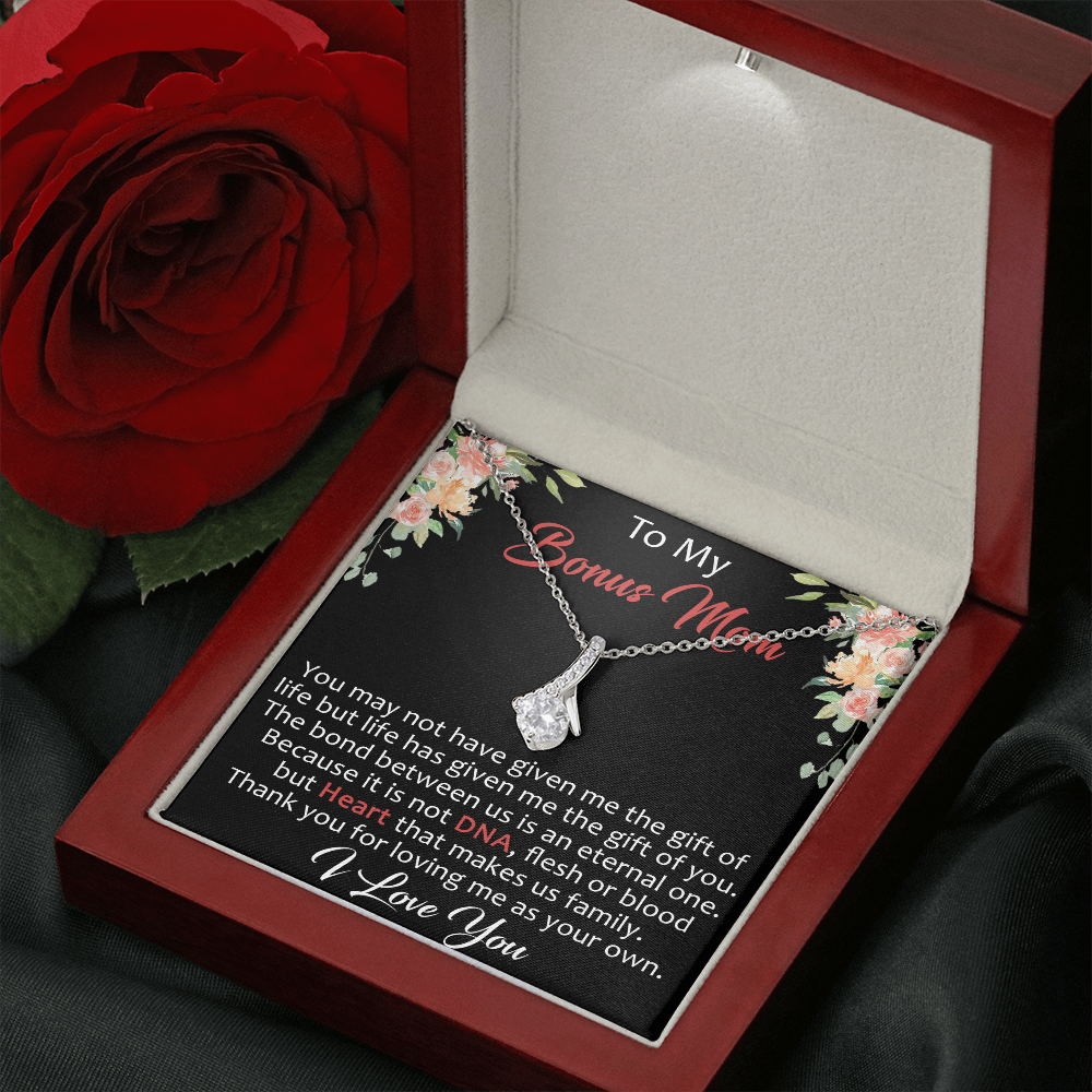 To My Bonus Mom Gift Alluring Beauty Necklace with Inspirational Message Card for Upcoming Birthday, Mother's Day or Special Occasion.
