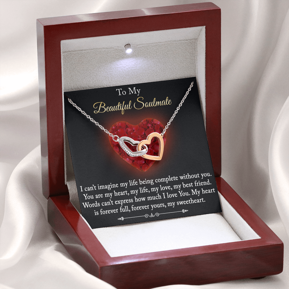 To My Beautiful Soulmate Gift - Beauty Love Heart  Interlock Necklace Bracelet with Inspirational Message Card