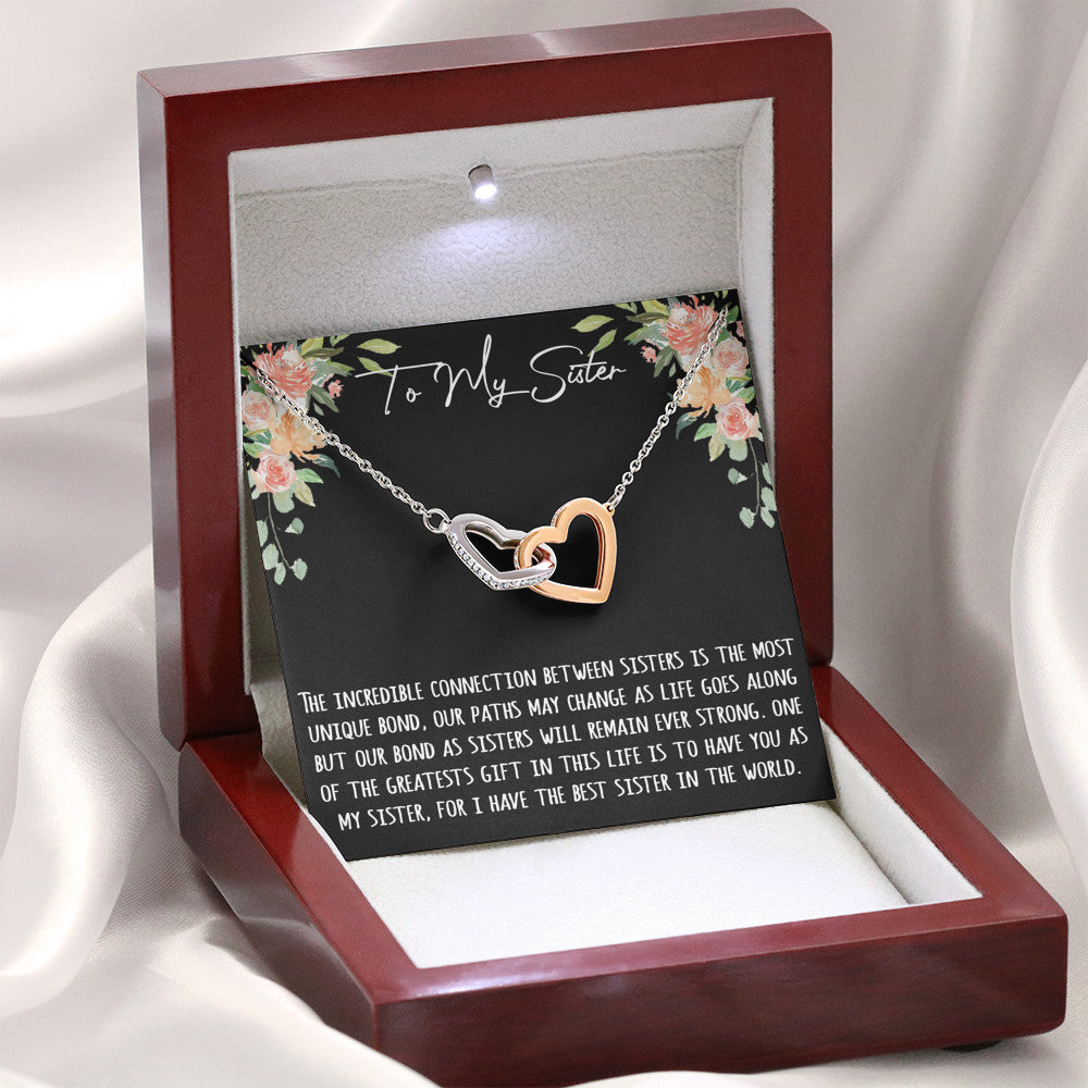 To My Sister Gift - Interlock Joined Heart Necklace Inspirational Message For Birthday or Special Occasions
